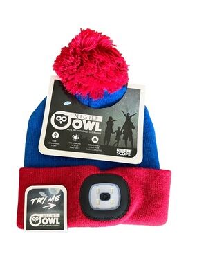 Night Owl Kids Rechargeable LED Light-Up Beanie Hat Blue Red Pom Pom